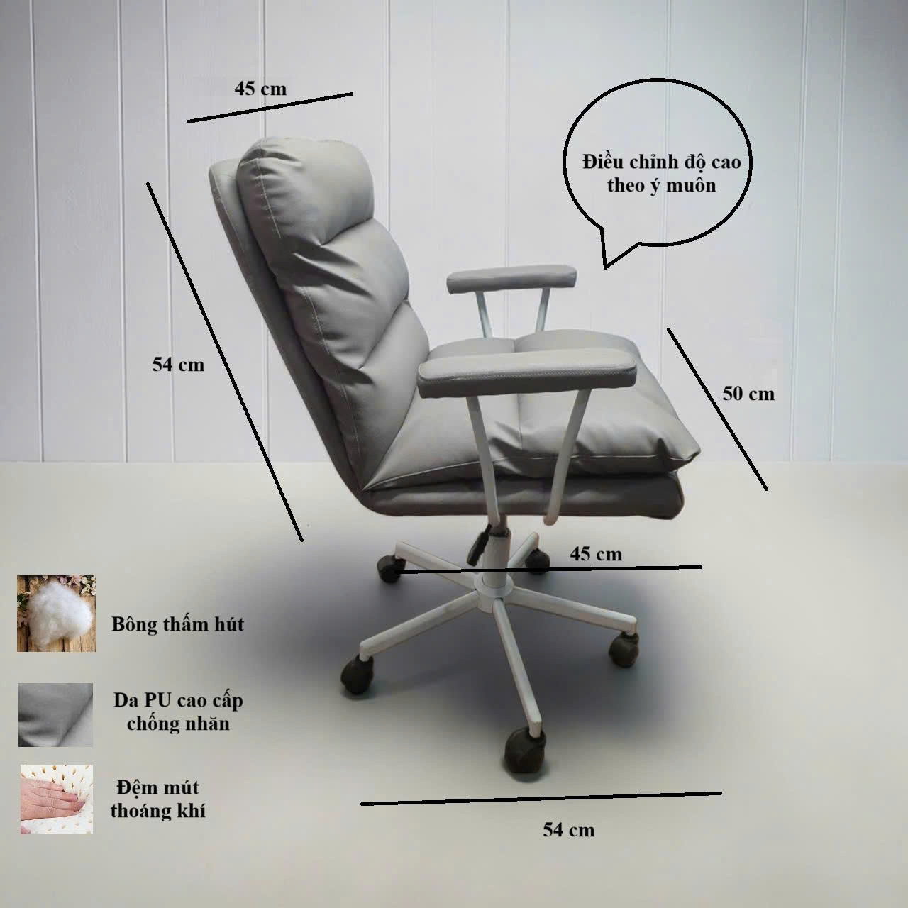 ghe van phong nho gon- ghe lam viec da pu ghi xam hien dai - ghe lam viec chan xoay