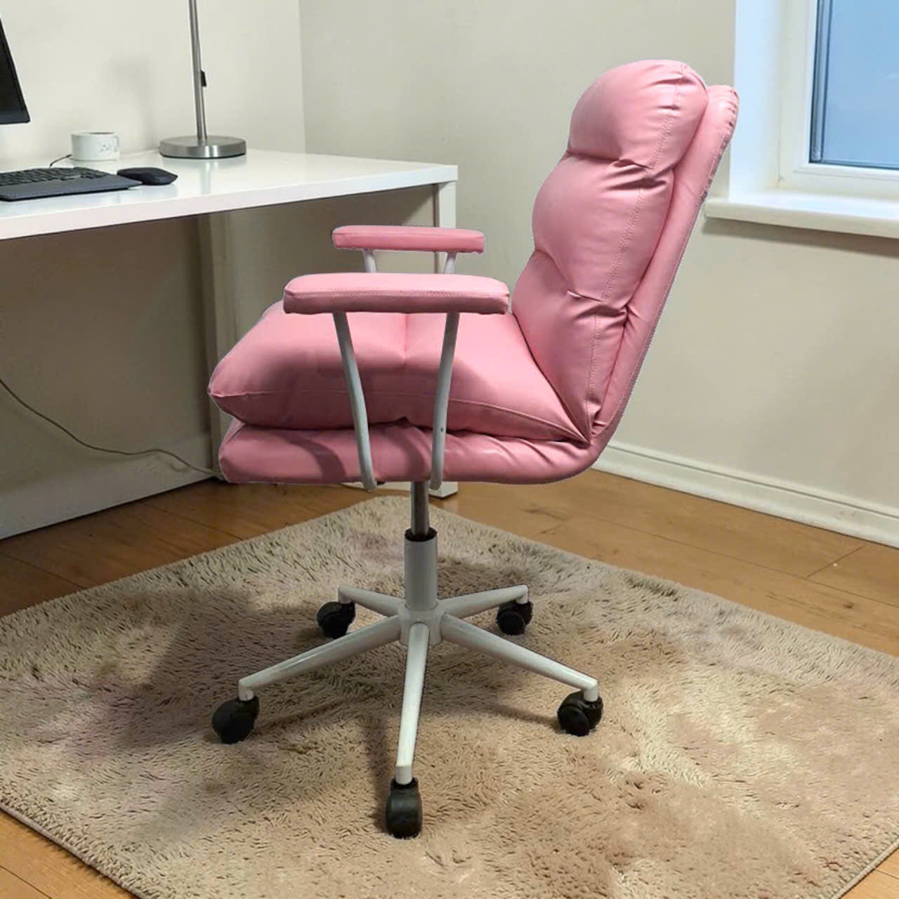 ghe van phong nho gon- ghe lam viec da pu hong hien dai - ghe lam viec chan xoay (6)